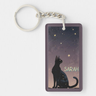 Llavero Gato Negro Noche Estrellada Regalo de Arte Felino