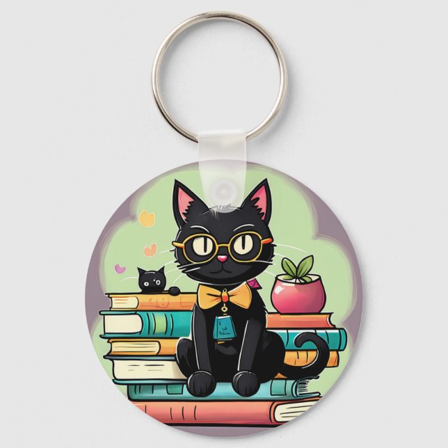 Llavero Gato negro sentado encima de un montón de libros (Anverso)