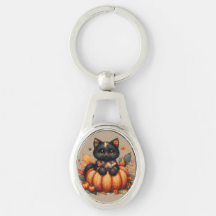 Llavero Gato negro sobre calabaza con patrón de colcha de