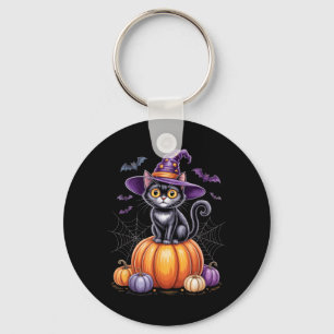 Llavero Gato Negro Sobre Calabaza Con Sombrero De Bruja Ha