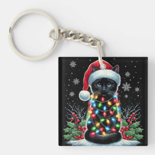 Llavero Gato Negro Sombrero de Santa Navidad Divertido Gat