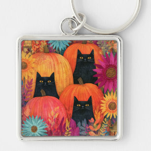 Llavero Gato negro vigilante, calabaza de otoño