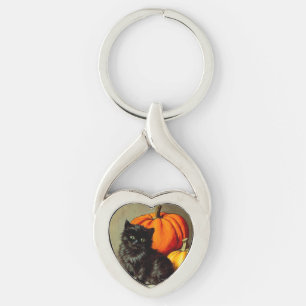 Llavero Gato negro vintage de Halloween y calabazas
