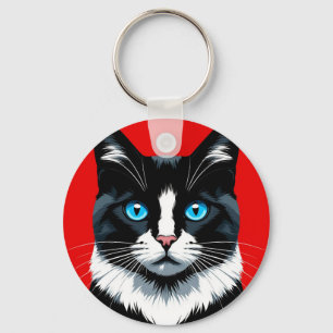 Llavero Gato negro y blanco con ojos azules vibrantes