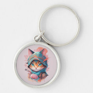 Llavero Gato Ninja Encapuchado Cute Acuarela