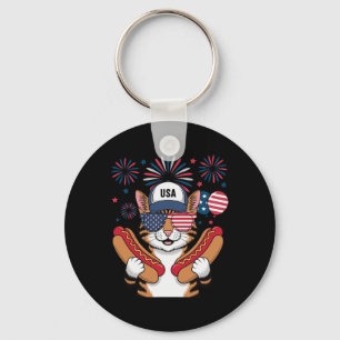 Llavero Gato Patriótico Divertido Hotdog Bandera Americana
