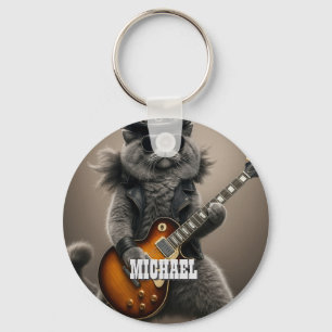 Llavero Gato Rockstar Tocando Guitarra Eléctrica en Cuero