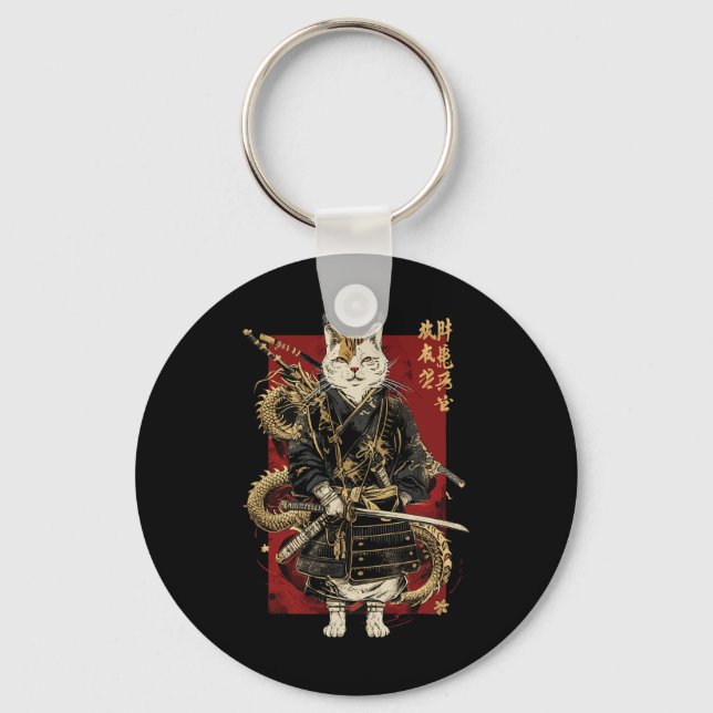 Llavero Gato samurai con kanji japonés dragón (Anverso)