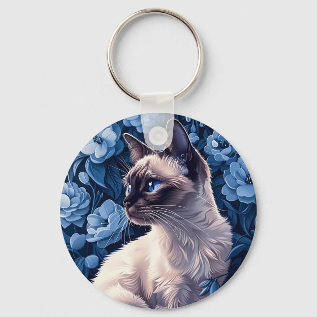 Llavero Gato siamés en flores azules (Anverso)