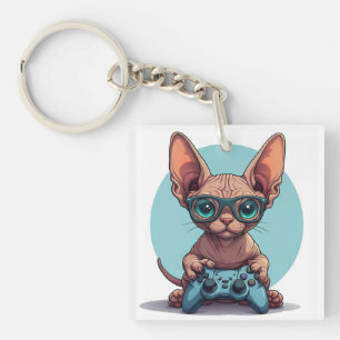 Llavero Gato Sphynx sosteniendo control de juego