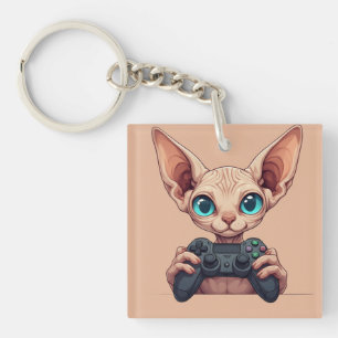 Llavero Gato Sphynx sosteniendo control de juego