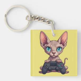 Llavero Gato Sphynx sosteniendo control de juego