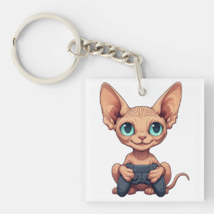 Llavero Gato Sphynx sosteniendo un control de juego