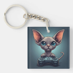 Llavero Gato Sphynx sosteniendo un control de juego
