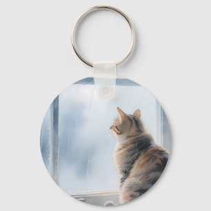 Llavero Gato Tabby de Acuarela en Ventana Lluviosa
