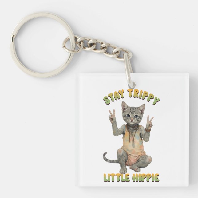 Llavero Gato Tabby Gris Boho Permanece Trippy Pequeño Hipp (Frente)