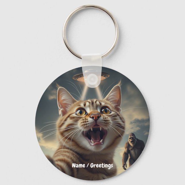 Llavero Gato tomándose selfie con OVNI y obsequio divertid (Anverso)