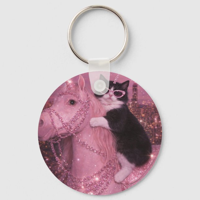Llavero Gato Unicornio Glamuroso Bajo Ciudad Brillante (Anverso)