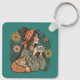 Llavero Gato y café Cottagecore Acrílico Acogedor
