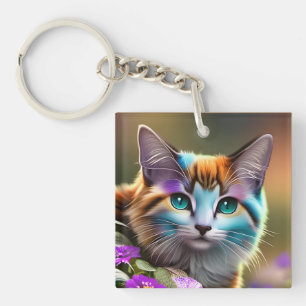 Llavero gato y flores de calico azul y óxido