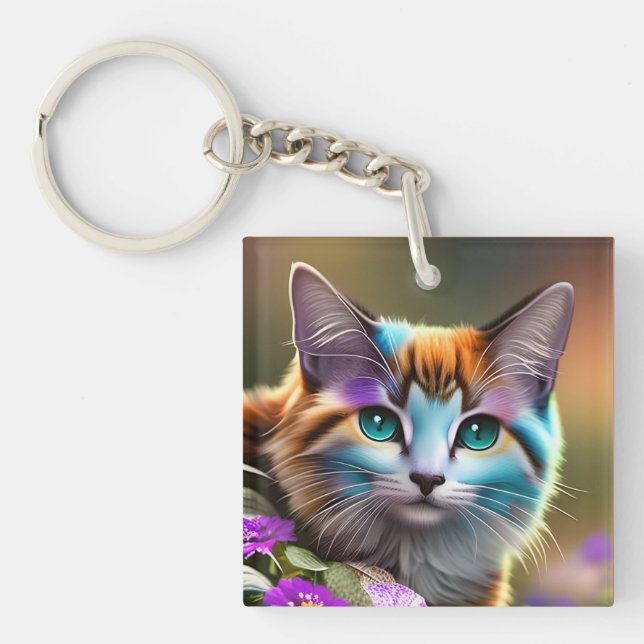 Llavero gato y flores de calico azul y óxido (Frente)
