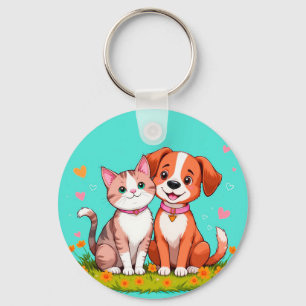 Llavero Gato y perro de dibujos animados lindos sentados j