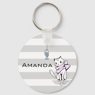 Llavero Gato y pez blanco tentado