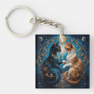 Llavero Gatos Celestiales Con Tema Azul Dorado Cósmico 🐱