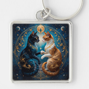 Llavero Gatos Celestiales en Arte Cósmico con Oro y Azul