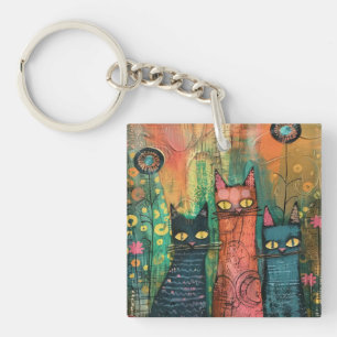 Llavero Gatos de acuarela de Boho - Arte felino de la tier