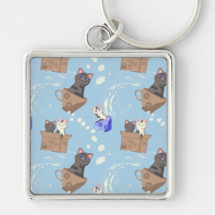 Llavero Gatos en caja y gotas de leche en azul