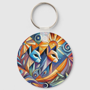 Llavero Gatos Geométricos Abstractos con Colores Vibrantes