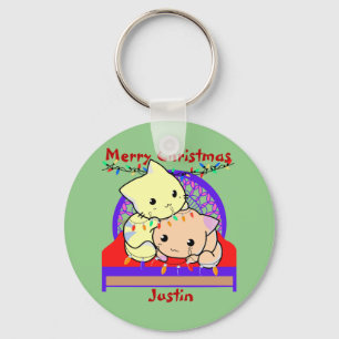 Llavero Gatos navidades en la cama, nombre personalizado