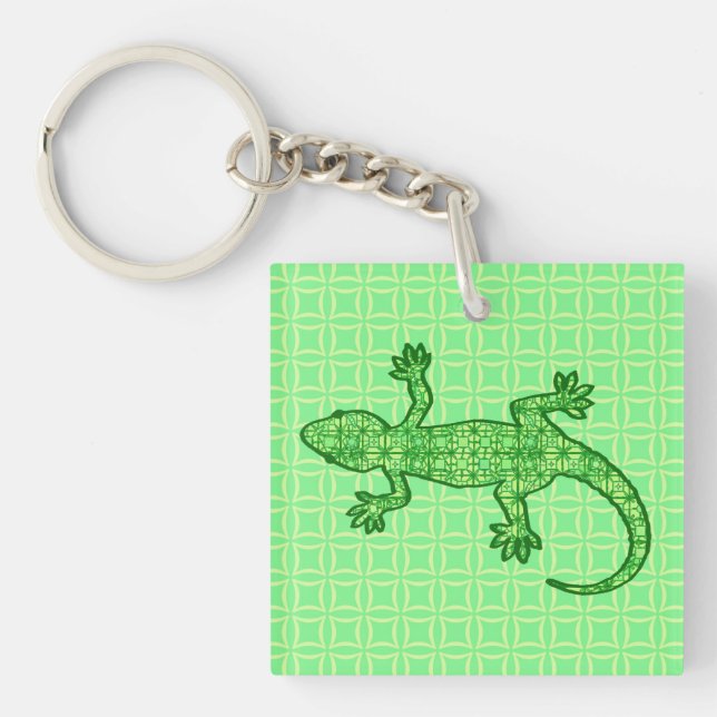 Llavero Gecko de batik tribal - cal y verde esmeralda (Frente)
