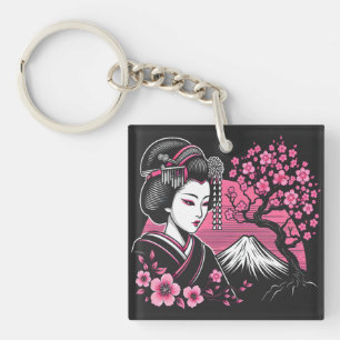 Llavero Geisha japonesa monta Fuji flores japonesas de cer