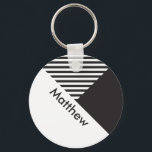 Llavero Geo Minimal Black White Stripes Custom Name Tag<br><div class="desc">Geo Minimal Black White Stripes Custom Name Tag keychain</div>