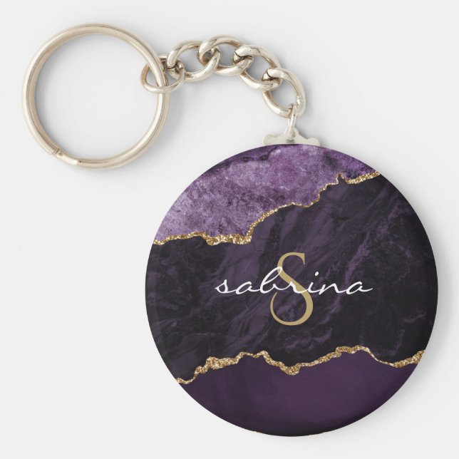 Llavero Geoda de Ágata con Monograma Morado Dorado (Frente)