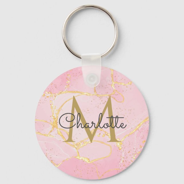 Llavero Geoda de Ágata Rosa Monograma de Oro Script Elegan (Anverso)