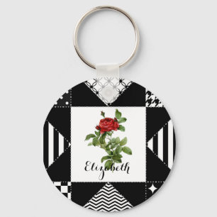 Llavero Geométrico en blanco y negro con rosa y nombre roj
