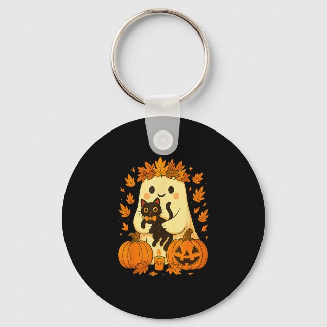 Llavero Ghost Holding Black Cat Halloween Pumpkins Otoño (Anverso)