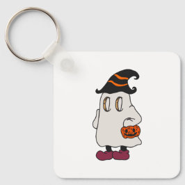 Llavero Ghost holding pumpkin and wearing witch hat