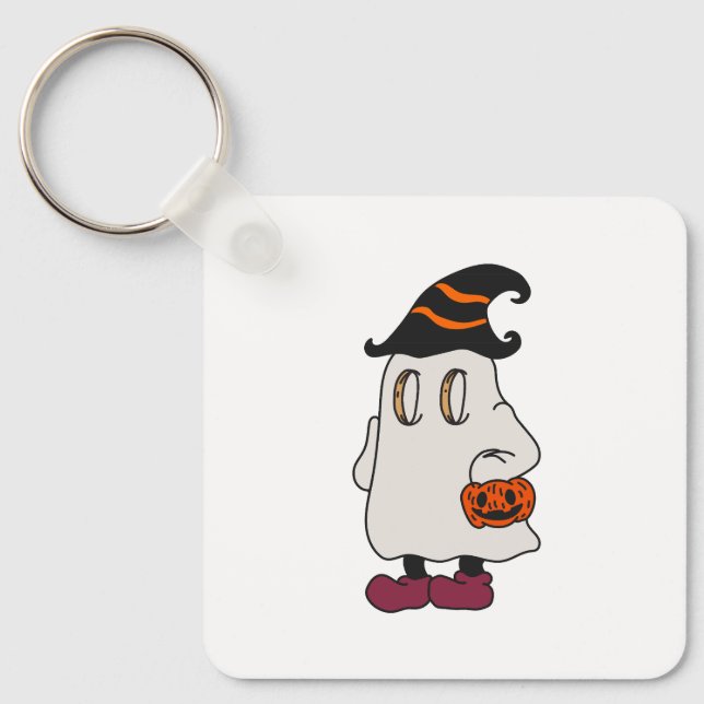 Llavero Ghost holding pumpkin and wearing witch hat (Anverso)