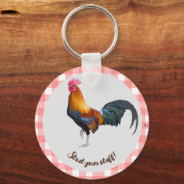 Llavero Gingham rojo y blanco con cadena de gallos vintage