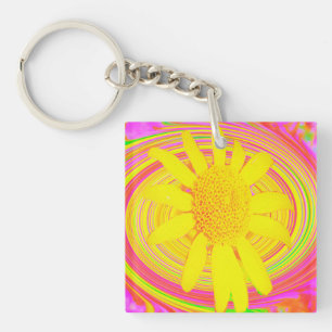 Llavero Girasol Amarillo en un Remolino Psicodélico