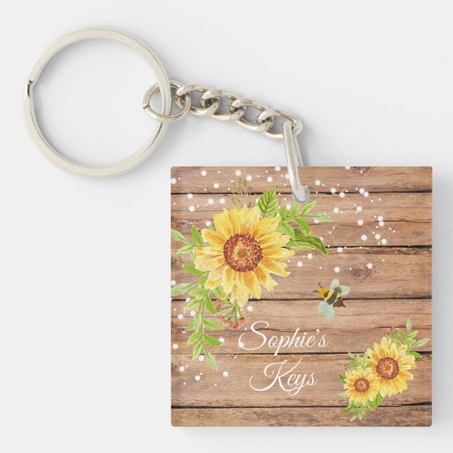 Llavero Girasol Amarillo Rústico Personalizado (Frente)