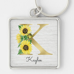 Llavero Girasol Dorado Monograma Floral Femenino Inicial K