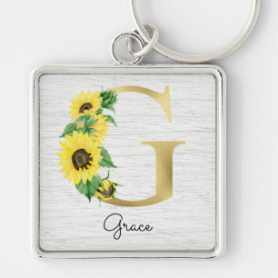 Llavero Girasol Dorado Monograma Inicial Floral Femenino G