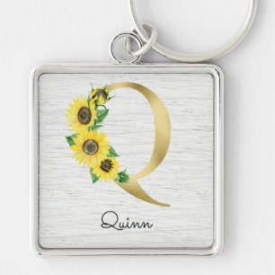 Llavero Girasol Floral Inicial Q Dorado Monogramado
