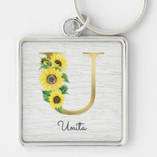 Llavero Girasol Floral Inicial U Dorada Monogramada