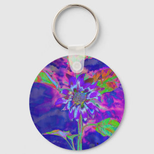 Llavero Girasol púrpura azul abstracto   funky retro
